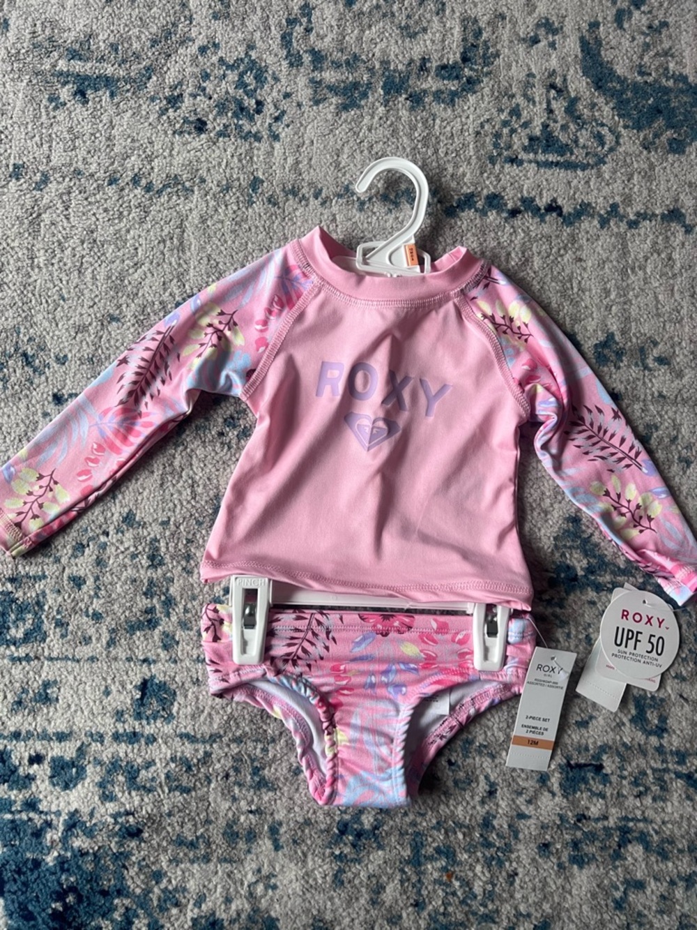 Roxy Pink Floral Long-Sleeve Kids Rashguard Set with Purple Logo